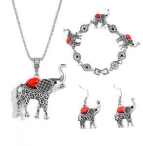 Indický Set -náhrdelník + náušnice + náramek - Sloni - stříbrno červený RONGBIN