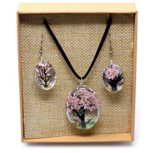 Set -náhrdelník + náušnice - z pravých květů - Strom života - Růžový v dárkovém balení RONGBIN