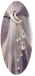 Ozdobná připínací spona do vlasů - měsíc s krystalovými přívěšky - stříbrná Jewelry