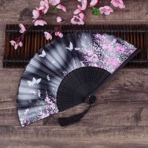 Hedvábný Čínský vějíř: Květy s motýly - Duhově Černý Made in Japan