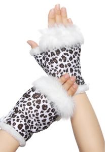 Bezprsté teplé rukavice z umělé kožešiny s pravým kožíškem - leopardí bílé