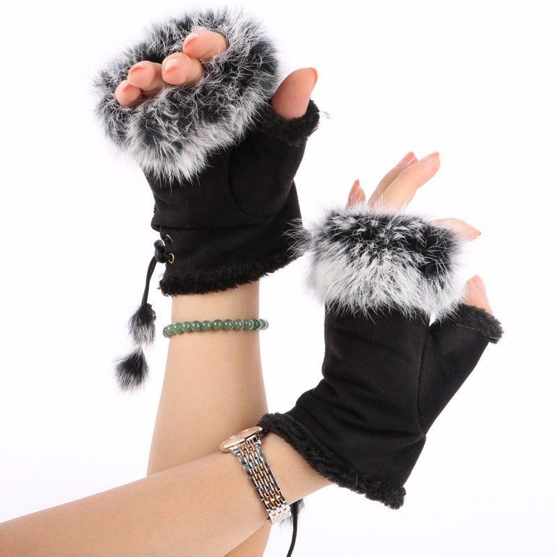 Bezprsté teplé rukavice z umělé kožešiny s pravým kožíškem - černé Fashionstyle