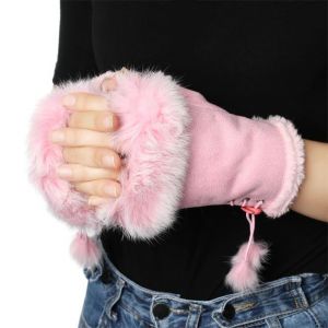 Bezprsté teplé rukavice z umělé kožešiny s pravým kožíškem - růžové Fashionstyle