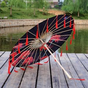 Japonský deštník / slunečník - hedvábný s červenými třásněmi - Květy Rudých Lilií