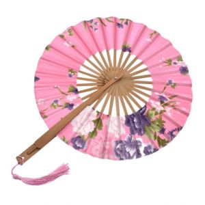 Japonský vějíř bambusový celootočný s hedvábným pouzdrem - Růžový s květy Pivoňky a Chryzantém Yaosheng