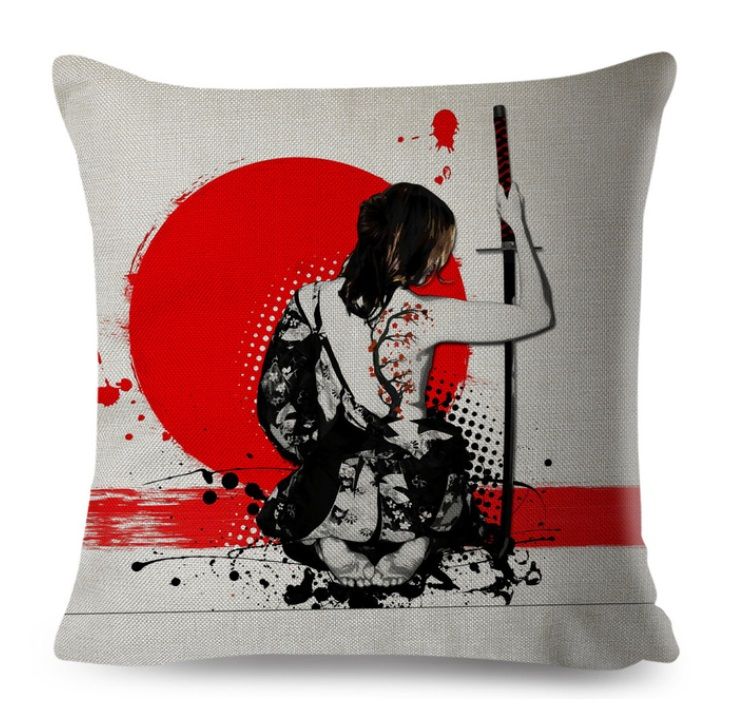 Povlak na polštář v japonském stylu - Geisha s katanou při západu slunce AOTU