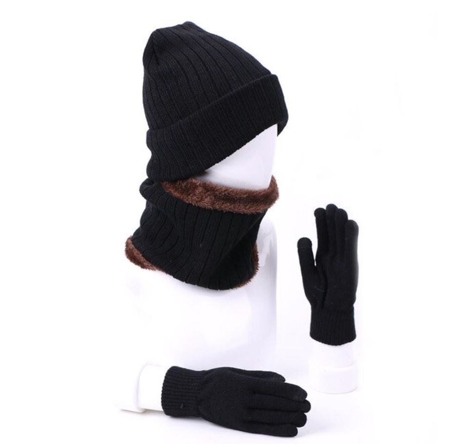 Zimní souprava šála, čepice, rukavice - Černá s hnědým kožíškem WINTERS