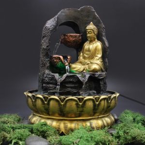 Pokojová / Stolní Fontána s LED osvětlením - Tekoucí misky se zlatým Buddhou 30 cm AWM, Ltd, S3 8AL