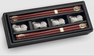 Sada 4 párů Japonských hůlek s keramickými podstavci - motiv Kočka