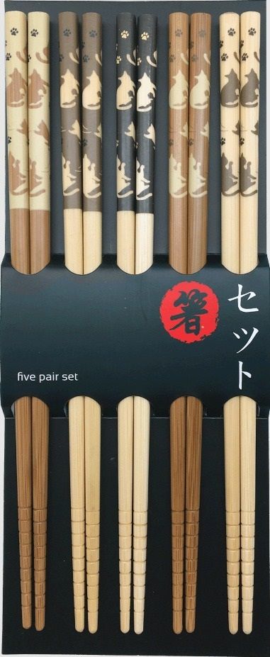 Set 5 ks Japonských ručně vyřezávaných hůlek dřevěných - kouzlo pěti kočičích barev Made in Japan