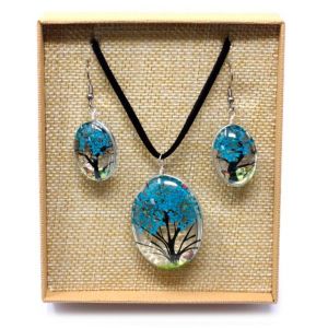 Set -náhrdelník + náušnice - z pravých květů - Strom života - Modrý v dárkovém balení AWM, Ltd, S3 8AL