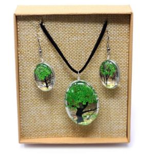Set -náhrdelník + náušnice - z pravých květů - Strom života - Zelený v dárkovém balení AWM, Ltd, S3 8AL