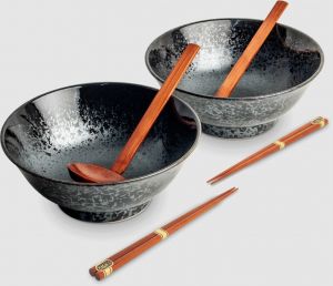 Souprava Japonských mís na Ramen s hůlkami a naběračkou - styl Koge - 22 cm