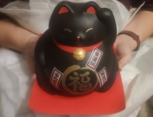 Velká Japonská kočka štěstí - pokladnička - černá 19cm Made in Japan