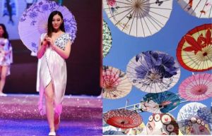 Japonský deštník / slunečník - hedvábný s černými třásněmi - Květy Rudých Lilií s motýli Garden Store