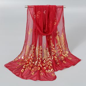 Hedvábný Šátek v Čínském stylu- vzor Páva - zlato bordó 160X43 cm