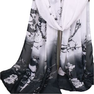 Šátek v Čínském stylu- vzor Jarní květy s ptactvem - černo bílý 160x50 cm