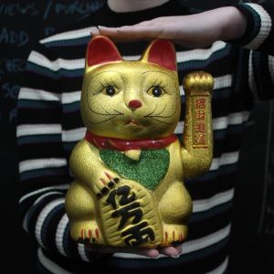 Extra Velká Čínská Kočka štěstí mávající keramická - zlatá 26 cm