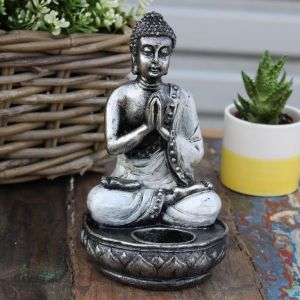 Buddha svícen - Bílo stříbrná 17 cm