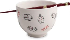 Japonská Soba miska s hůlkami - porcelán - Bílá s kočičkami 13 cm