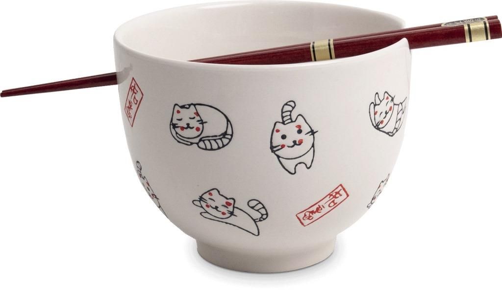 Japonská Soba miska s hůlkami - porcelán - Bílá s kočičkami 13 cm Made in Japan