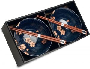 Japonská souprava jídelních misek s hůlkami- porcelán- Dark Blue Padající květy Sakury v Dárkovém balení