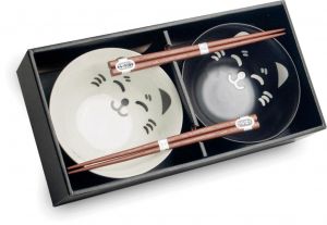 Japonská souprava jídelních misek s hůlkami- porcelán- Black and White Kočky v Dárkovém balení Made in Japan