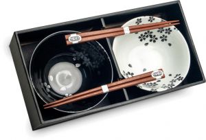 Japonská souprava jídelních misek s hůlkami- porcelán- Black and White Květy v Dárkovém balení