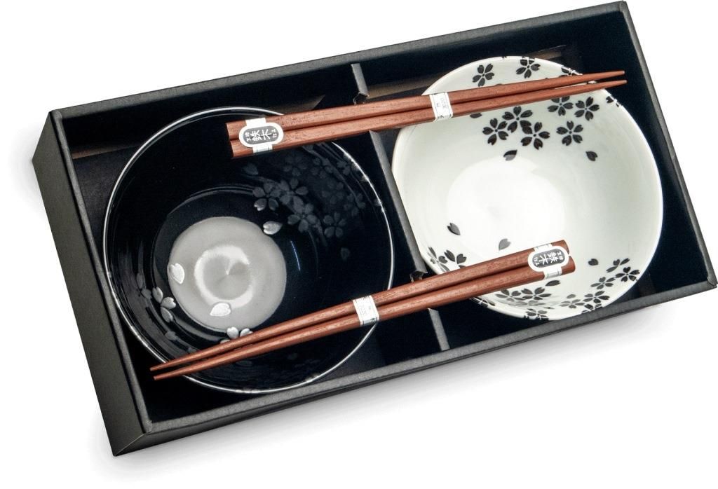 Japonská souprava jídelních misek s hůlkami- porcelán- Black and White Květy v Dárkovém balení Made in Japan