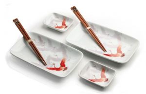 Japonská Sushi souprava s hůlkami - porcelán - Jeřábi v Dárkové krabici