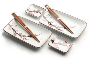 Japonská Sushi souprava s hůlkami - porcelán - Orient Sakura v Dárkové krabici
