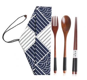 Sada příborů - Tradiční dřevěné hůlky, vidlička, lžíce - ruční vázání tmavé (XL)