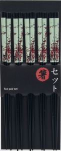 Set 5 párů Japonských hůlek dřevěných - Ptačí květy - černé
