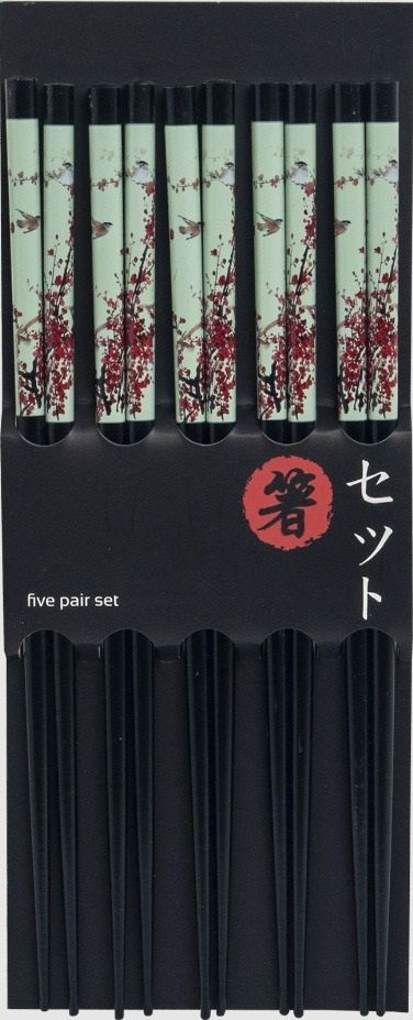Set 5 párů Japonských hůlek dřevěných - Ptačí květy - černé Made in Japan