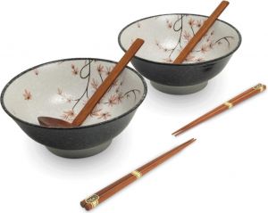 Souprava Japonských mís na Ramen s hůlkami a naběračkou - styl Listy Javoru - 22 cm
