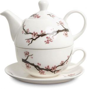 Čajník s šálkem a podšálkem porcelánový Royal Tea - Sakura - bílý 400 ml