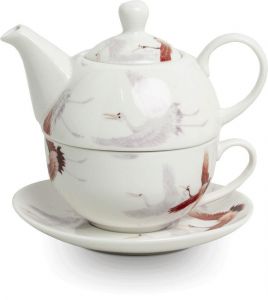 Čajník s šálkem a podšálkem porcelánový Royal Tea - Jeřábi - bílý 400 ml