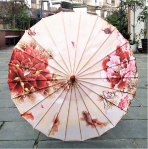 Japonský deštník / slunečník - hedvábný - Květy Pivoněk s kapry Koi - 82 cm