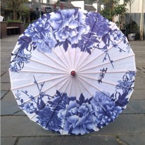 Japonský deštník / slunečník - hedvábný - Modré květy pivoněk - 82 cm