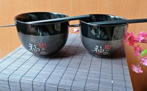 Čínská Soba miska s hůlkami - porcelán - Černo šedá 13 cm