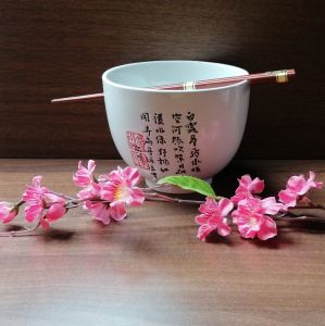 Čínská Soba miska se znaky s hůlkami - porcelán - Bílá 13 cm