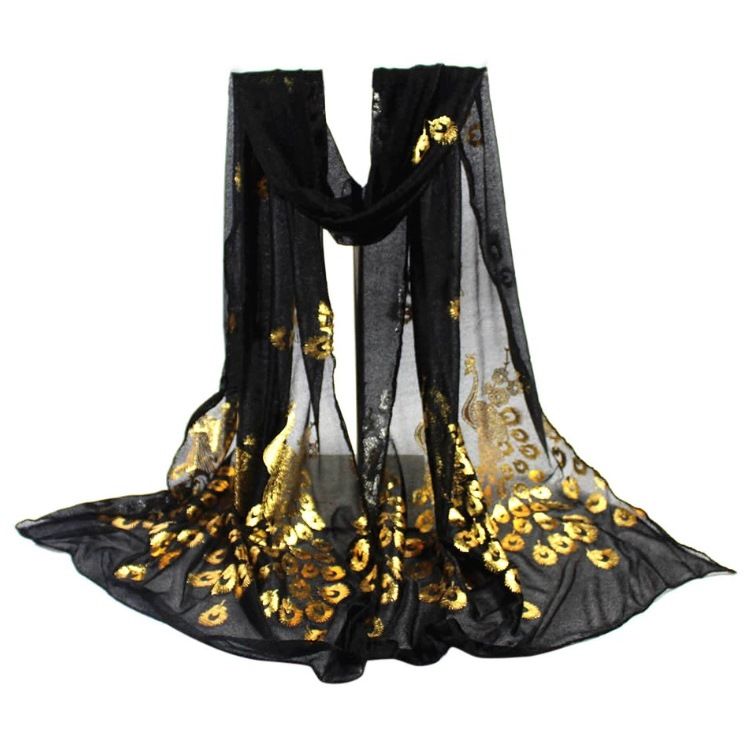 Hedvábný Šátek v Čínském stylu- vzor Páva - zlato černý 160X43 cm Fashionstyle