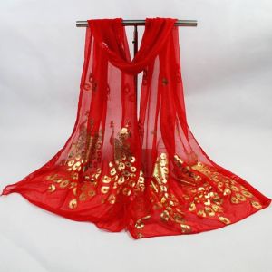 Hedvábný Šátek v Čínském stylu- vzor Páva - zlato červený 160X43 cm