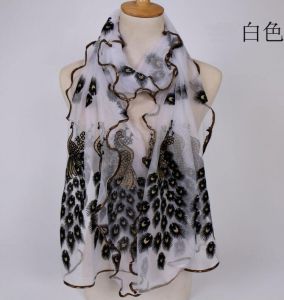 Luxusní Šátek v Čínském stylu s krajkovým obšíváním - vzor Páva - černo bílý 190X40 cm