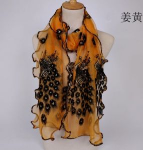 Luxusní Šátek v Čínském stylu s krajkovým obšíváním - vzor Páva - oranžovo žluto černá 190X40 cm