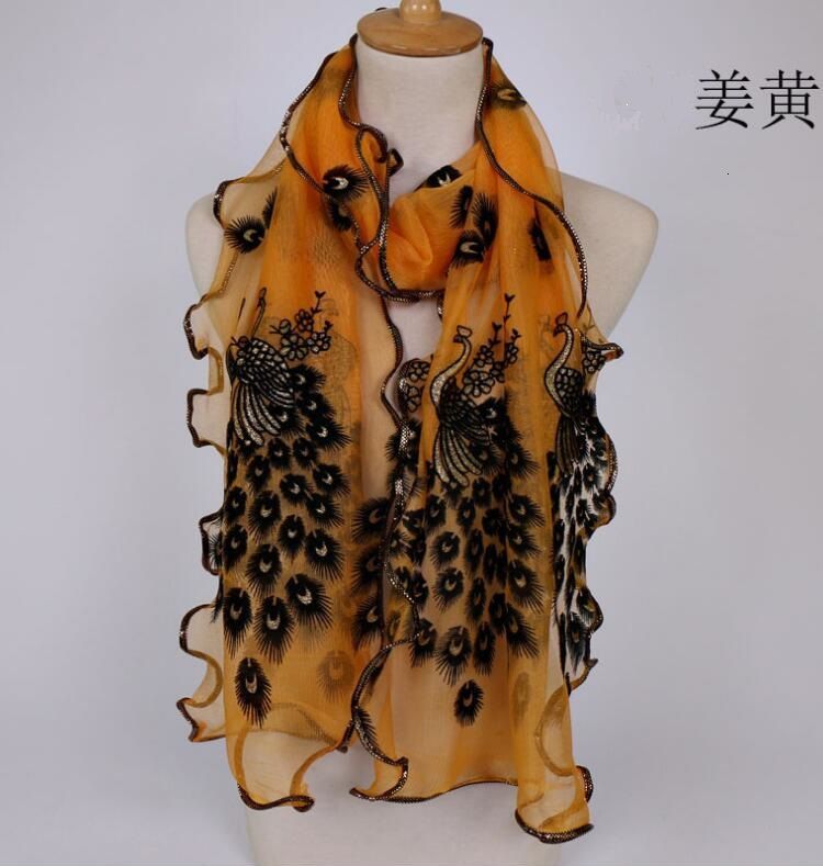 Luxusní Šátek v Čínském stylu s krajkovým obšíváním - vzor Páva - oranžovo žluto černá 190X40 cm Fashionstyle