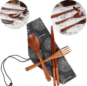 Sada příborů - Tradiční dřevěné hůlky s vidličkou a lžící s ručním vázáním světlým (L) v  látkovém pouzdře - šedém