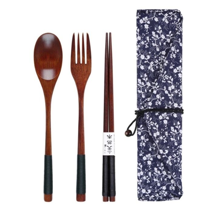 Sada příborů - Tradiční dřevěné hůlky s vidličkou a lžící s ručním vázáním tmavým (XL) s možností látkového pouzdra Made in Japan