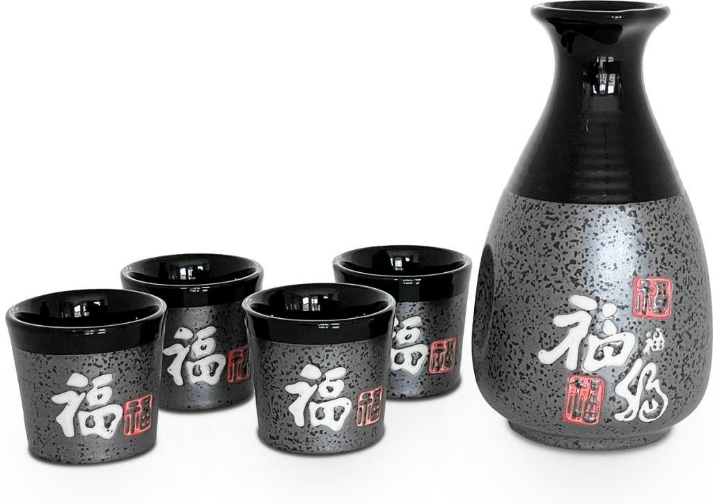 Saké souprava se znakem Fu - Porcelán - Šedo černý Made in China