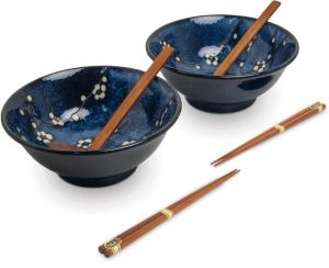 Souprava Japonských mís na Ramen s hůlkami a naběračkou - styl Hana Blue - 22 cm